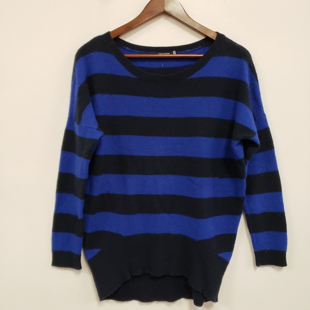 Magaschoni Womens Oversized Cashmere‎ Sweater Size L Blue Black Striped Luxe
